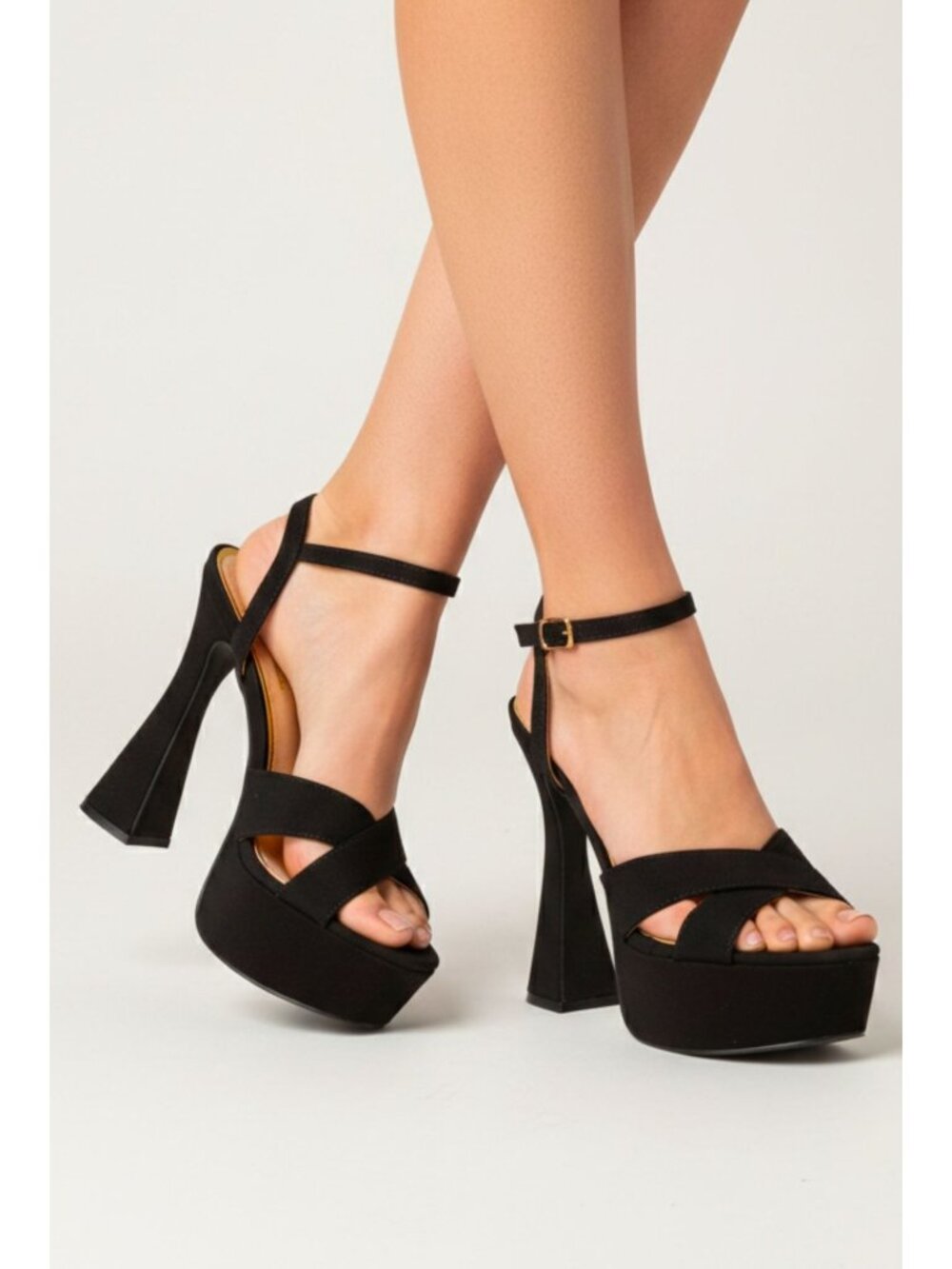 Strappy Black Platform Heel Sandals With Flared Block Heel & Adjustable Ankle St